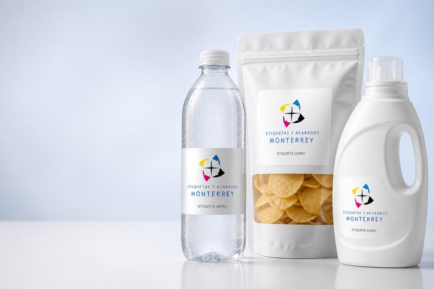 Botella de agua, bolsa de snacks y botella de detergente con etiquetas de Etiquetas y Acabados Monterrey
