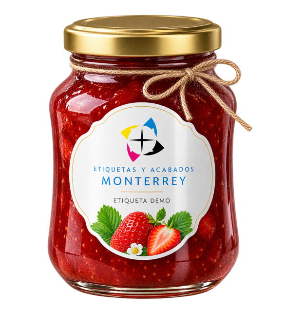 Frasco de mermelada con etiqueta de Etiquetas y Acabados Monterrey