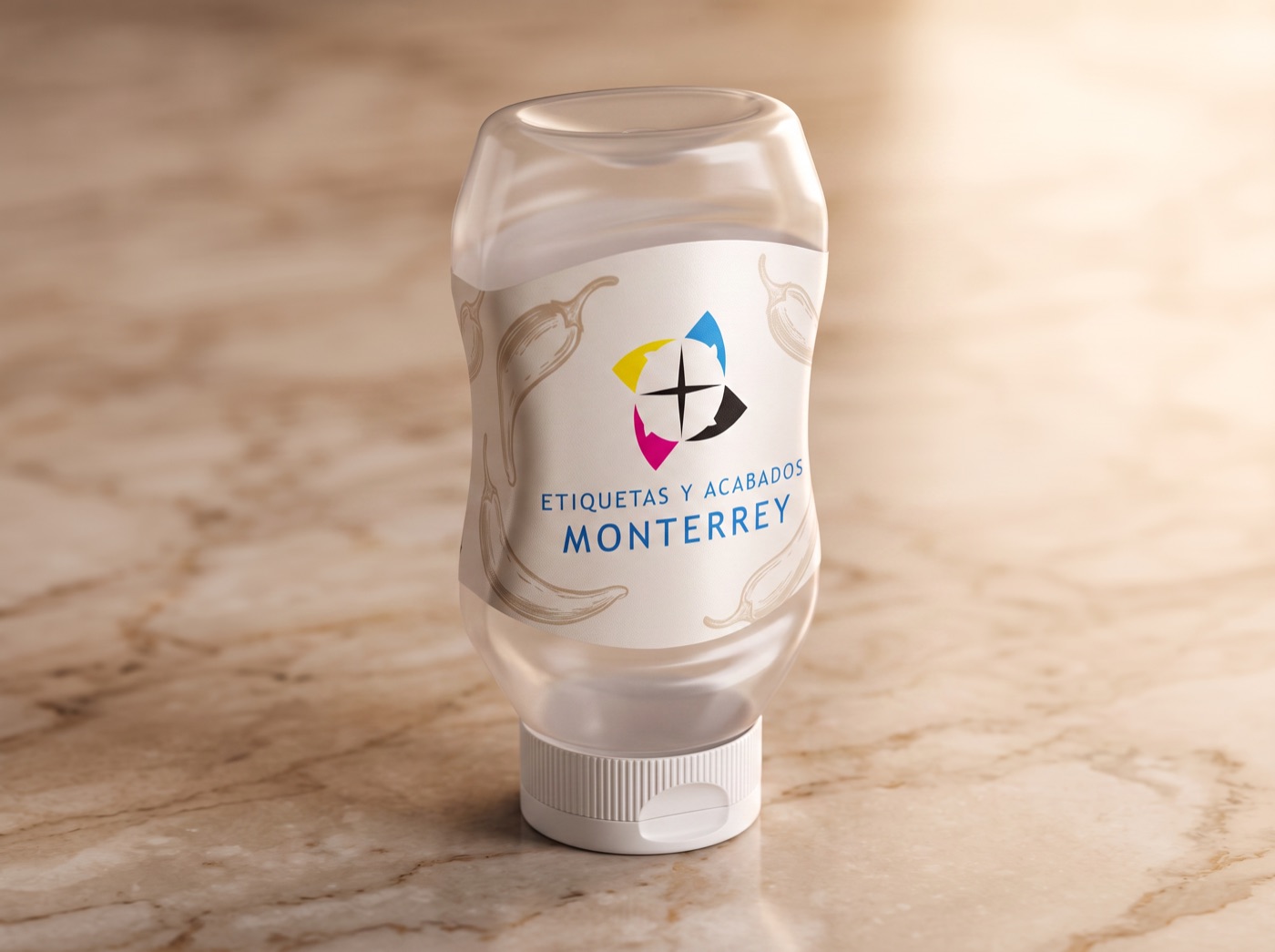 Botella de salsa con etiqueta de Etiquetas y Acabados Monterrey